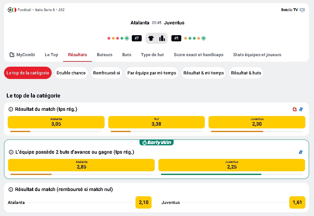 pari remboursé si match nul, pratique avec Atalanta vs Juventus de betclic.fr