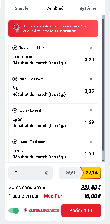 types de paris sportifs: combiné betclic.fr avec assurance