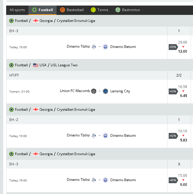Baisses de cotes ou dropping odds, marché 1N Oddsportal
